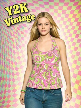 Vintage Y2K Halter Top Pink Green Psychedelic Swirl Tie Neck 2000s Mod